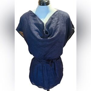 Lafayette 148 New York Deep Midnight Navy Blue 100% Italian Linen - Size 14